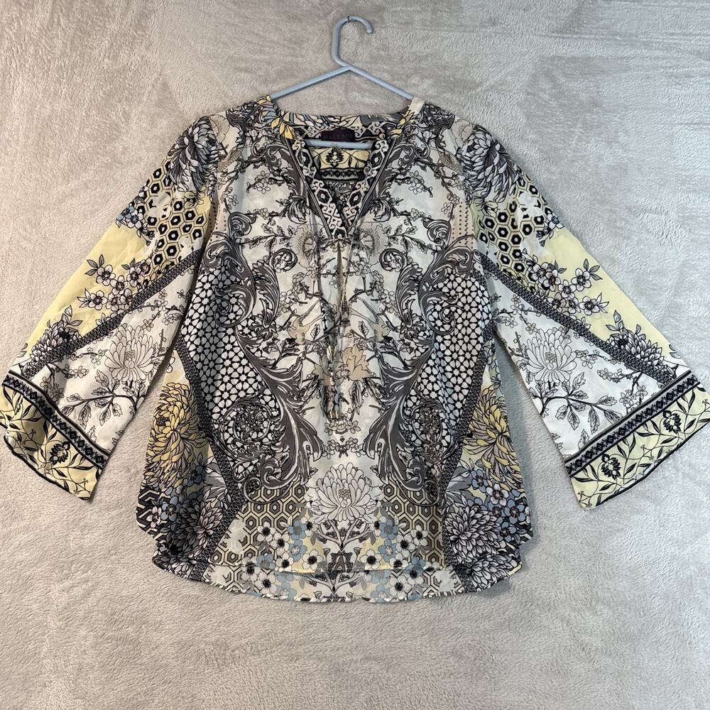 Hale Bob Silk Blouse V-Neck Chiffon Boho Artsy Gypsy Bird Paisley Top M Shirt